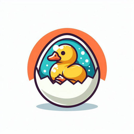 Cute cartoon duckling in egg. Vector illustration on white background.のイラスト素材