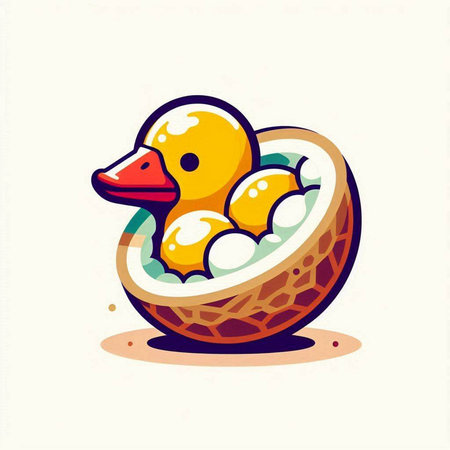 Cute yellow duckling in a shell of melon. Vector illustration.のイラスト素材