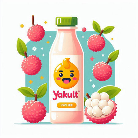 Litchi milk in a bottle with a cute character. Vector illustration.のイラスト素材
