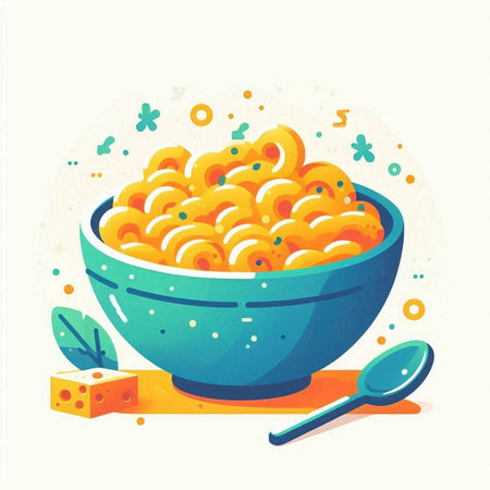 Delicious macaroni in a bowl with spoon. Vector illustration.のイラスト素材