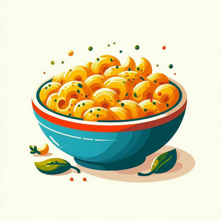 Illustration of a bowl of macaroni with tomato sauce.のイラスト素材