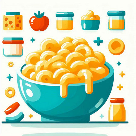 Vector illustration of a bowl with macaroni and ingredients for cooking.のイラスト素材