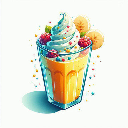 illustration of a glass of smoothie with ice cream and fruitsのイラスト素材