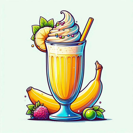 Banana smoothie with whipped cream and fruits. Vector illustration.のイラスト素材