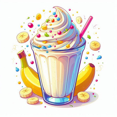 Milkshake with whipped cream, banana and candies, vector illustrationのイラスト素材