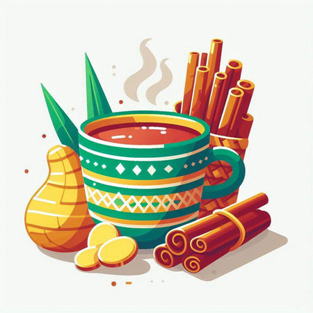 Cup of hot tea with cinnamon, ginger and cloves. Vector illustration.のイラスト素材