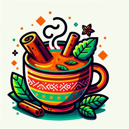 Mulled wine with cinnamon sticks and mint leaves. Vector illustration.のイラスト素材