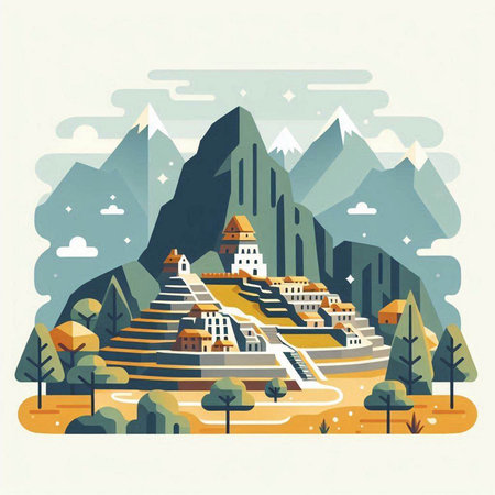Vector illustration of mountain landscape in flat style. Mountain village in a flat style.のイラスト素材