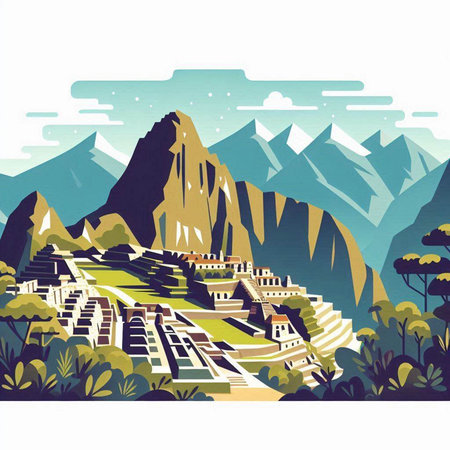 Mountain landscape with ancient city and high peaks. Vector illustration.のイラスト素材