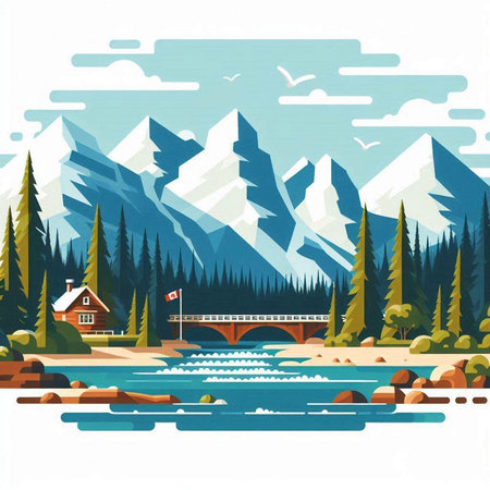 Landscape with mountains, river, bridge and trees. Vector illustration.のイラスト素材