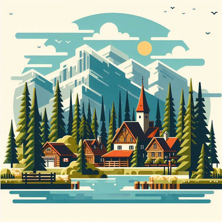 Village on the shore of the lake. Vector illustration in retro styleのイラスト素材