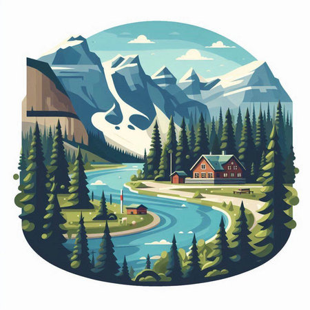 Mountain landscape with lake and forest. Vector illustration in flat styleのイラスト素材