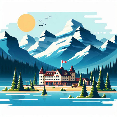 Mountain landscape with lake, forest, mountains, houses and trees. Vector illustrationのイラスト素材