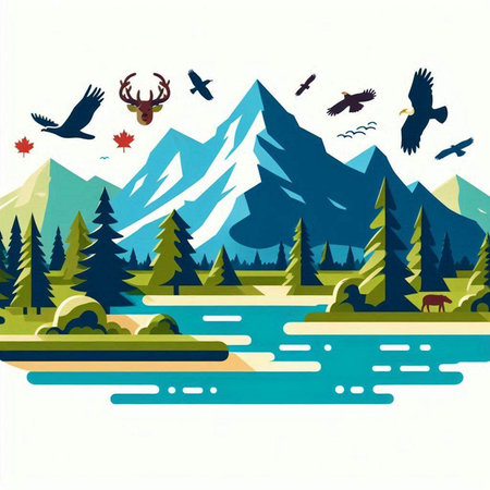 Mountain landscape with lake, forest, mountains and birds. Vector illustration.のイラスト素材