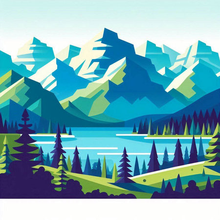 Mountains and lake, vector illustration, EPS10, no transparencyのイラスト素材