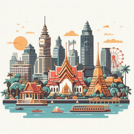 Cityscape of Bangkok, Thailand. Vector illustration in retro style.のイラスト素材
