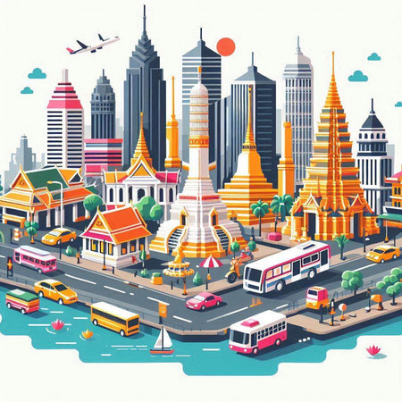 Bangkok cityscape with famous landmarks. Vector illustration in flat styleのイラスト素材