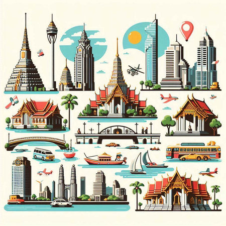 Thailand travel and tourism icons set in retro style. Vector illustrationのイラスト素材