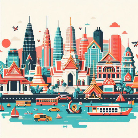 Bangkok cityscape. Vector illustration in flat style. Travel and tourism.のイラスト素材