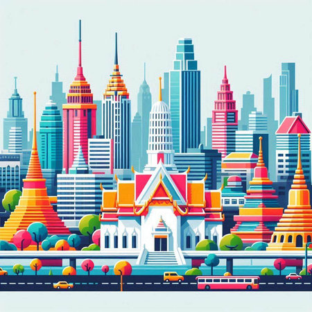 Thailand Landmarks, Bangkok, Thailand. Vector Illustration.のイラスト素材