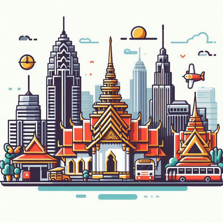 Thailand travel vector illustration. Landmarks of Bangkok, Thailand.のイラスト素材