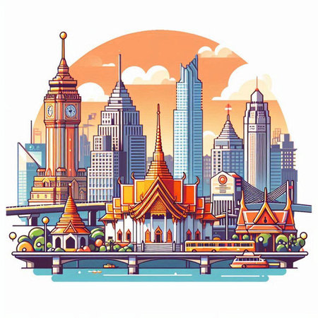 Bangkok cityscape with famous landmarks. Vector illustration in flat styleのイラスト素材