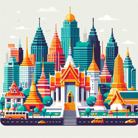 Cityscape of Bangkok, Thailand. Vector illustration in flat style.のイラスト素材