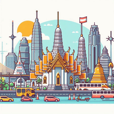 Bangkok city with famous landmarks. Thailand travel concept. Vector illustrationのイラスト素材