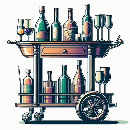 Illustration of a trolley full of bottles of wine and glassesのイラスト素材