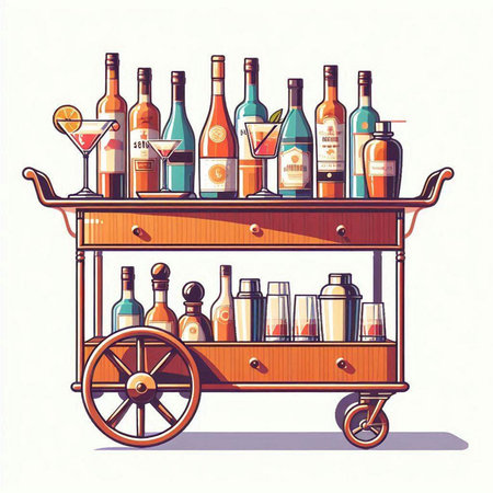 Vector illustration of a trolley with bottles of wine and spirits.のイラスト素材