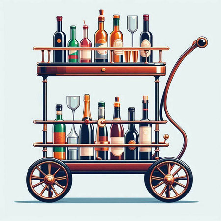 Wooden cart with bottles of wine. Vector illustration in retro style.のイラスト素材