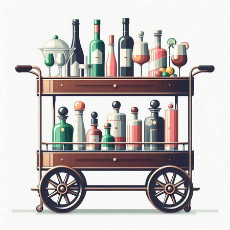 Vector illustration of a wooden cart with bottles of wine and other drinks.のイラスト素材