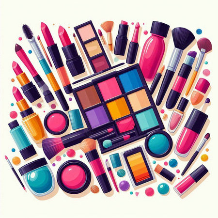 Makeup background with cosmetics and accessories. Vector illustration in flat styleのイラスト素材