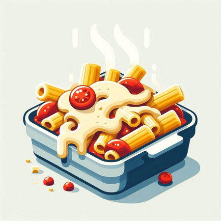 Italian pasta with tomato sauce in a baking dish. Vector illustration.のイラスト素材