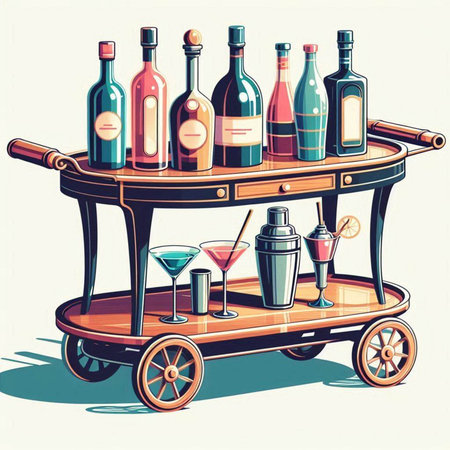 Vector illustration of a bar counter with bottles of wine and cocktails.のイラスト素材