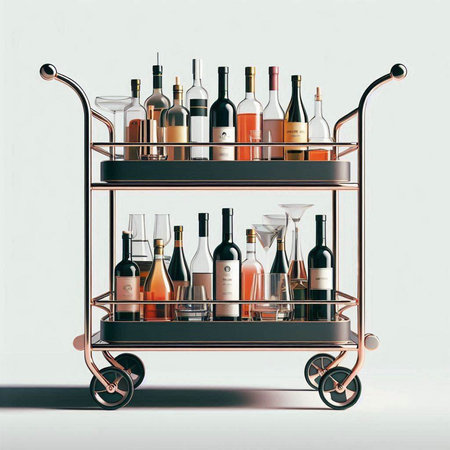 Glass and bottles of wine on a trolley. 3d renderingのイラスト素材