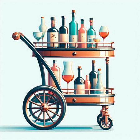Vector illustration of a trolley with bottles of wine and glasses.のイラスト素材