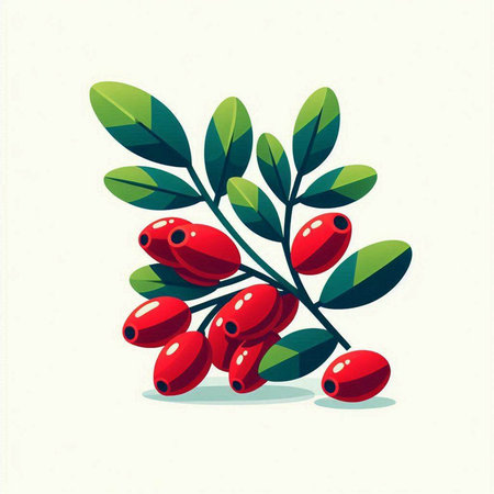 Red berries with green leaves on a white background. Vector illustration.のイラスト素材
