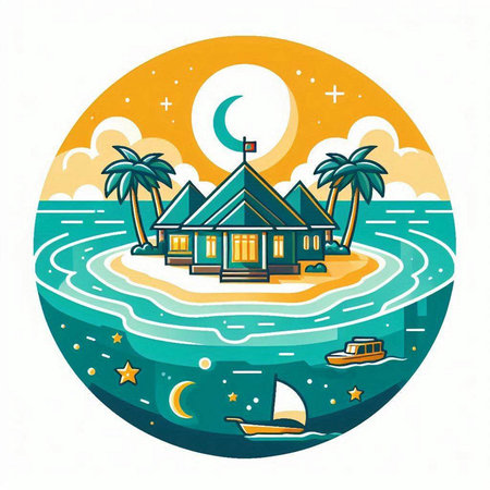 Tropical island with wooden house and palm trees. Vector illustration.のイラスト素材