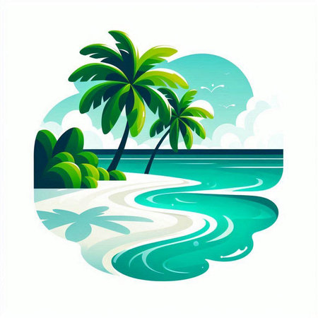 Tropical beach with palm trees and sea. Vector illustration.のイラスト素材