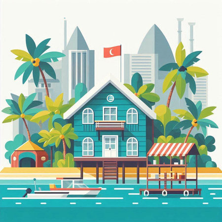 Vector illustration of a tropical resort with palm trees, bungalows and bungalowsのイラスト素材