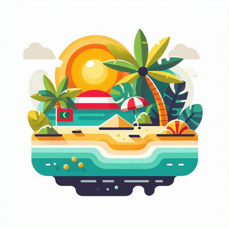 Tropical island with palm trees, sunbeds and umbrellas. Vector illustrationのイラスト素材