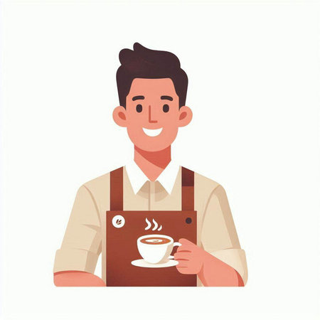 Coffee shop worker with cup of coffee. Vector illustration in cartoon styleのイラスト素材