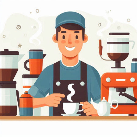 Male barista in apron making coffee. Vector flat cartoon illustrationのイラスト素材