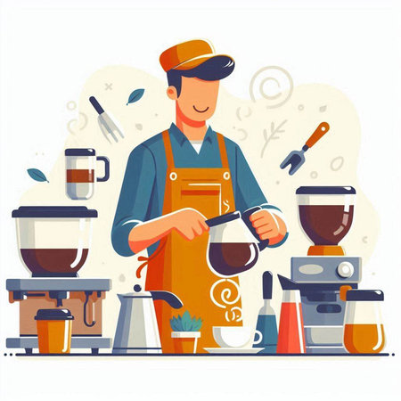 Coffee brewing process flat vector illustration. Man in apron making drip coffee.のイラスト素材