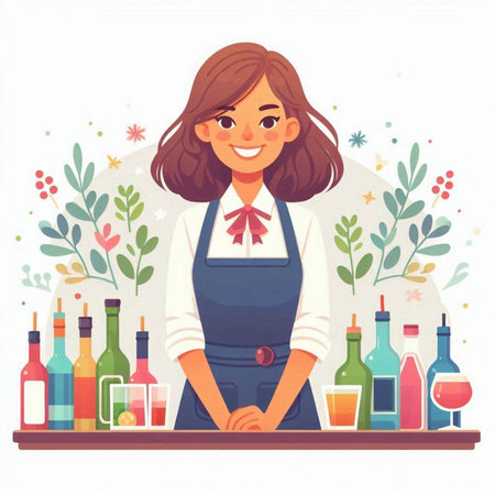 Bartender girl standing at the bar counter. Vector illustration.のイラスト素材