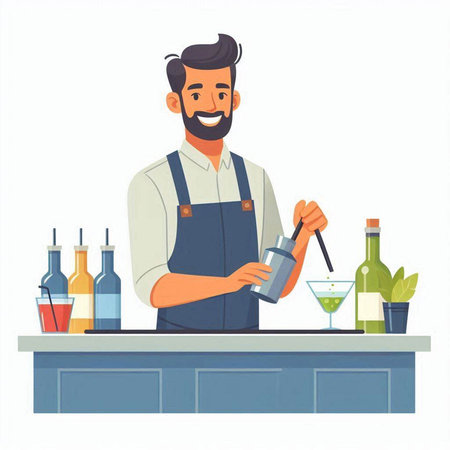 Bartender in apron making cocktail. Vector illustration in cartoon styleのイラスト素材