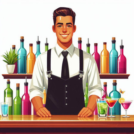 Handsome bartender standing at the bar counter. Vector illustration.のイラスト素材