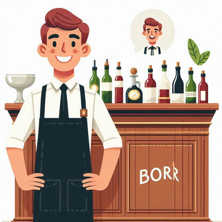 Barman in apron standing at the bar counter. Vector illustrationのイラスト素材