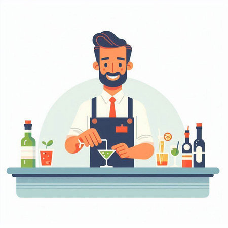 Bartender making cocktail at bar counter. Vector flat cartoon illustrationのイラスト素材